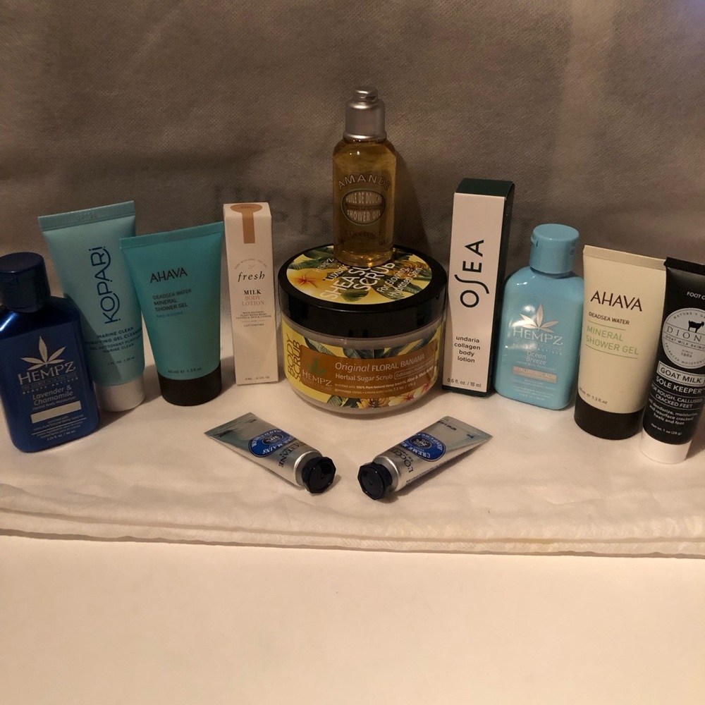 NWT 12 piece Luxury Bath and Body set from AHAVA Hempz, L’Occitane, OSEA plus